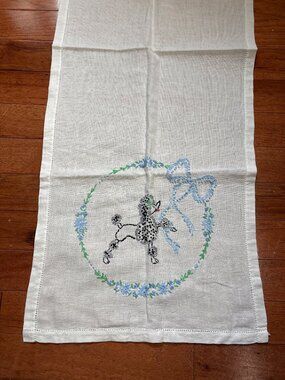 Hand-Embroidered Poodle Linen Table Runner Blue Floral Design 34"x12" Vintage